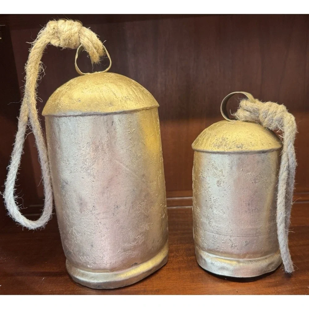 Rustic Metal BellSet of 2 Rope Hanging Farmhouse Cottage Decor
